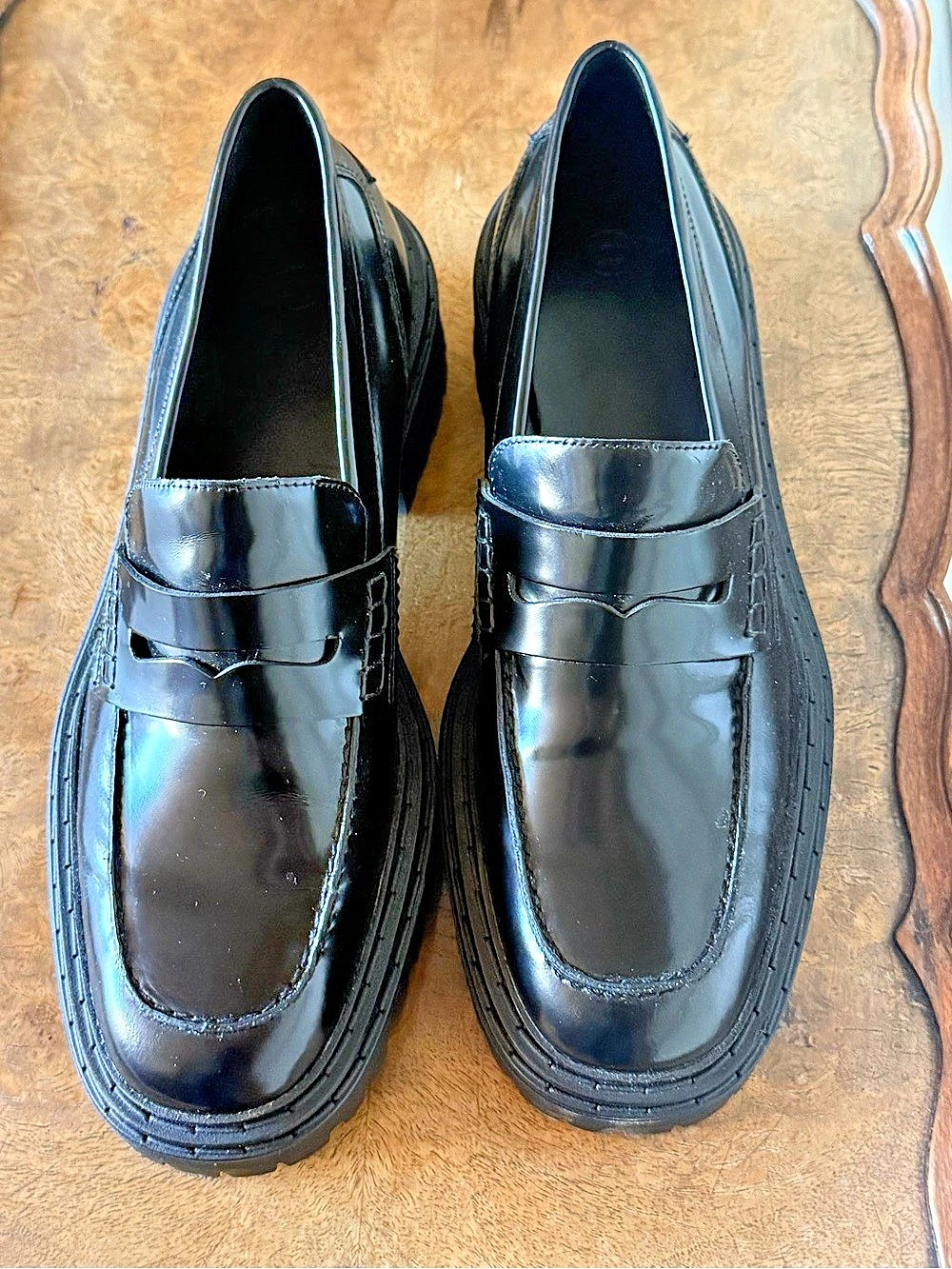 Massimo Dutti Track Sole Chunky Leather Penny Loafers, Black - Picture 2 of 5
